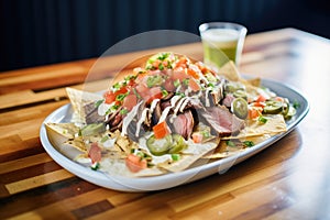 deluxe nachos with steak strips and grilled onions