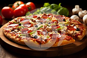 Deluxe supreme pizza sliced on a wooden board, surrounded by fresh veggies