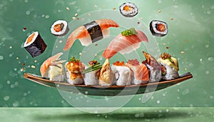 Deluxe sushi platter with components floating in the air. Advertising concept