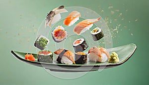 Deluxe sushi platter with components floating in the air. Advertising concept