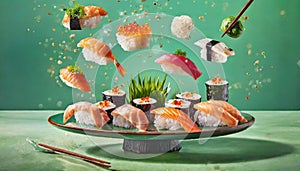 Deluxe sushi platter with components floating in the air. Advertising concept