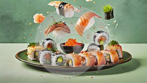 Deluxe sushi platter with components floating in the air. Advertising concept