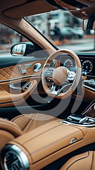 A deluxe tan car interior is showcased, with a modern design steering wheel that commands attention, reflecting the