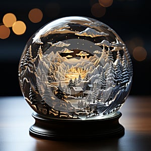christmas snow globe. illuminated snowy mountains and trees, inside a glass crystal ball. sitting on a wooden table.