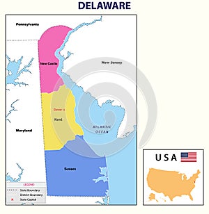 Delware map. Political map of Delware in USA