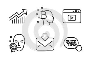 Demand curve, Video content and Incoming mail icons set. Bitcoin think, Face verified and Quick tips signs. Vector