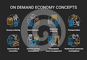 On demand economy chalk concept icons set. Commercial services industry, consumerism idea. E commerce, modern business