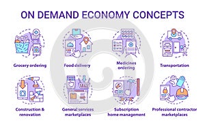 On demand economy concept icons set. Commercial services industry idea thin line illustrations. E commerce, modern