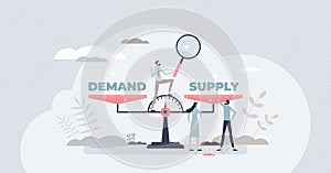 Demand supply scale balance for market sale management tiny person concept