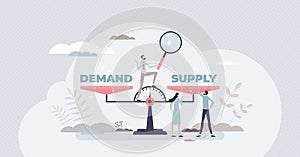 Demand supply scale balance for market sale management tiny person concept photo