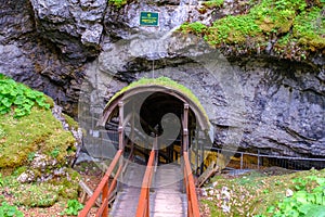 Demanovska Ice Cave, Slovakia - August 21, 2022: Entrance to the ice cave Slovakia, great temperature contrast.