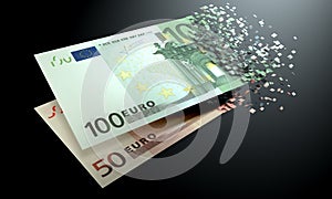 Euros are dematerialized on a black background. photo