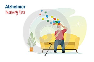 Dementia Alzheimer diseases, memory and brain loss. Elderly man lost his brain jigsaw puzzle memories. World Alzheimer day,