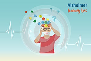 Dementia Alzheimer diseases, memory and brain loss. Elderly man lost his memories in jigsaw puzzle pieces on head. Alzheimer aware