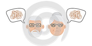 Dementia patient, alzheimer old man and woman vector, memory loss senior. Disease cartoon illustration