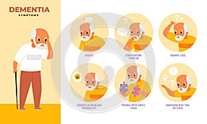 Dementia people infographics. Mental illness symptoms on elderly man, brain lesions, aging memory and thinking loss