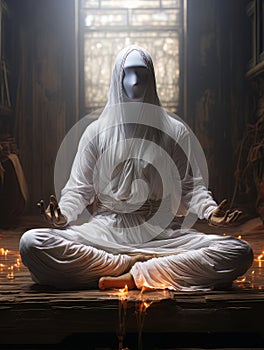 Dementor ghost in white sheet doing yoga, sitting in the lotus position, AI