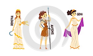 Demetra, Artemis, Gera Olympian Greek Gods Set, Ancient Greece Mythology Vector Illustration