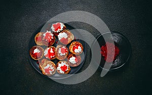 Demidoff pancakes, mini pancakes, with sour cream and red caviar, crepes. homemade, no people, photo