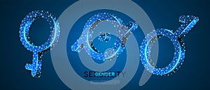 Demigirl, Demiboy, Epicene symbols set. Wireframe 3d vector illustration. Low poly, non-binary, hermaphrodite, bisexual people photo