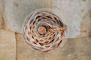 Demijohn and old wood wine barrel on jute sack