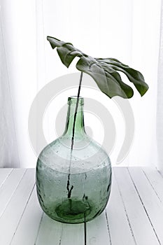 Demijohn vase with tropical leaf. Decoration glass vase.