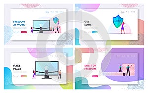 Demilitarized Zone Landing Page Template Set. Tiny Characters Building Brick Wall at Huge Computer with Lock on Chain