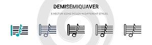 Demisemiquaver icon in filled, thin line, outline and stroke style. Vector illustration of two colored and black demisemiquaver