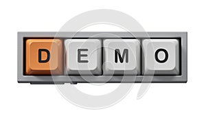 Demo. Computer keyboard keys form the word Demo. An extensive concept of the word demo applied in different fields of activity
