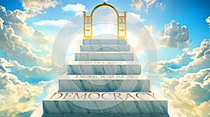 Democracy as stairs to reach out to the heavenly gate for reward, success and happiness. Step by step, Democracy elevates and