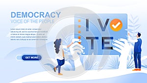 Democracy flat landing page with header, banner vector template. Governmental form, people choosing governing legislation, voting