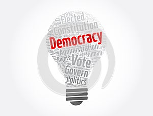 Democracy light bulb word cloud collage, concept background