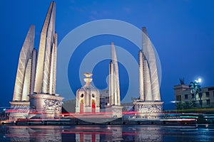 Democracy Monument is a night-time landmark in Bangkok, Thailand