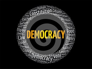 Democracy word cloud collage, social concept background