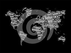 Democracy word cloud in shape of world map, concept background