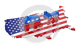 Democrat Donkey and Republican Elephant with America Map Flag