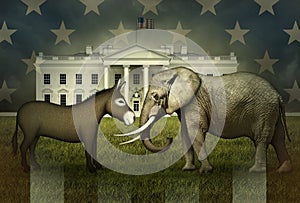 Democrat Donkey and Republican Elephant Face Off in Front of the White House