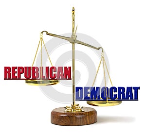 DEMOCRAT outweighing REPUBLICAN on a golden scale representing Democratic control in politics