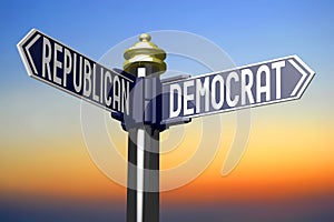 Democrat, republican - voting concept - signpost with two arrows