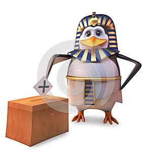 Democratic Egyptian penguin pharaoh Tutankhamun votes in all the elections, 3d illustration