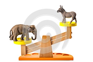 Democratic process and two party system concept with a donkey representing the democratic party in the USA and an elephant, a