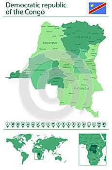 Democratic Republic of the Congo detailed map and flag. Democratic Republic of the Congo on world map