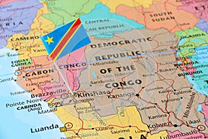 The Democratic Republic of the Congo flag pin on map photo