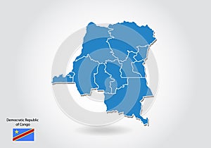 Democratic Republic of Congo map design with 3D style. Blue Republic of Congo map and National flag. Simple vector map with