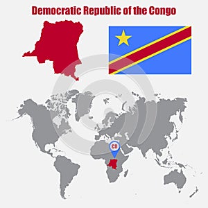 Democratic Republic of the Congo map on a world map with flag and map pointer. Vector illustration