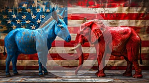 Democrats Vs Republicans political party concept with Donkey and Elephant photo