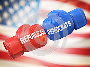 Democrats vs. Republicans. Two boxing gloves against each other in colors of Democratic and Republican partie, 3d rendering