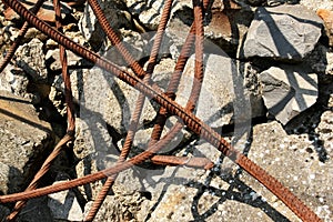 Demolished building iron bars and rubble