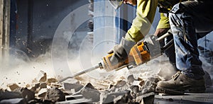 Demolishing building interior. Construction worker using heavy-duty jackhammer tool and breaking reinforced concrete. Generative