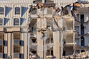 Demolition of a building. destruction in a residential urban quarter